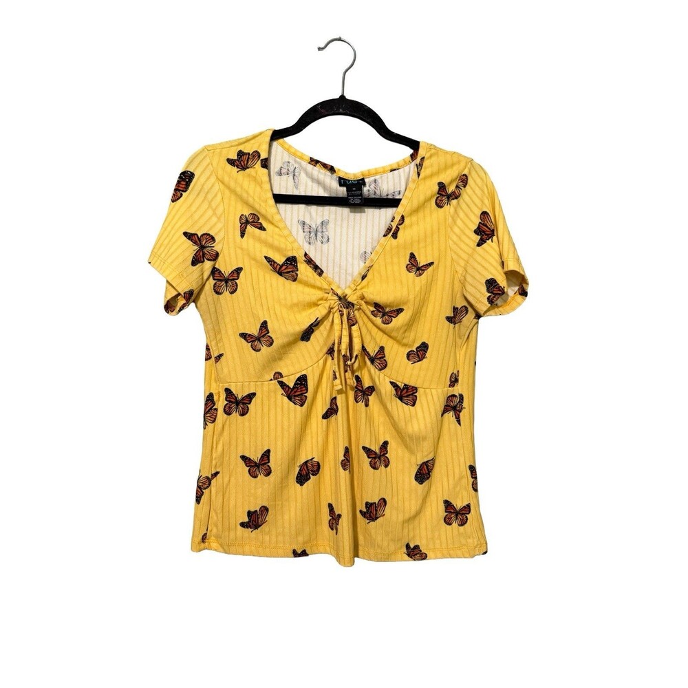 Butterfly Rib Knit Tie Front Short Sleeve Top Yellow Plus Size 1X Rue+